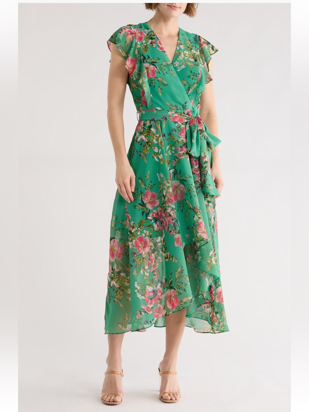 Eliza J Green Floral Wrap Midi Dress with Tie Waist